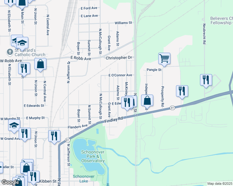 map of restaurants, bars, coffee shops, grocery stores, and more near 1104 Adams Street in Lima