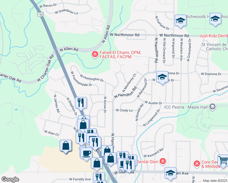 map of restaurants, bars, coffee shops, grocery stores, and more near 5509 North Hamilton Road in Peoria