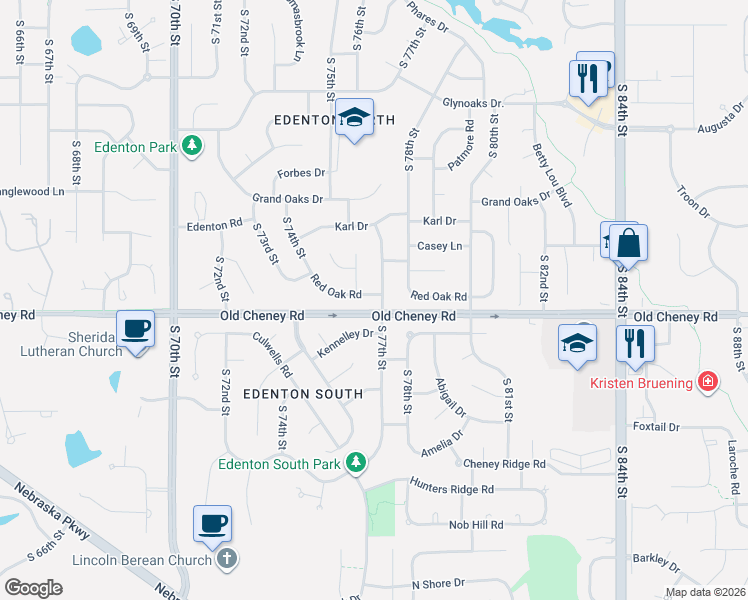 map of restaurants, bars, coffee shops, grocery stores, and more near 7656 Kennelley Drive in Lincoln