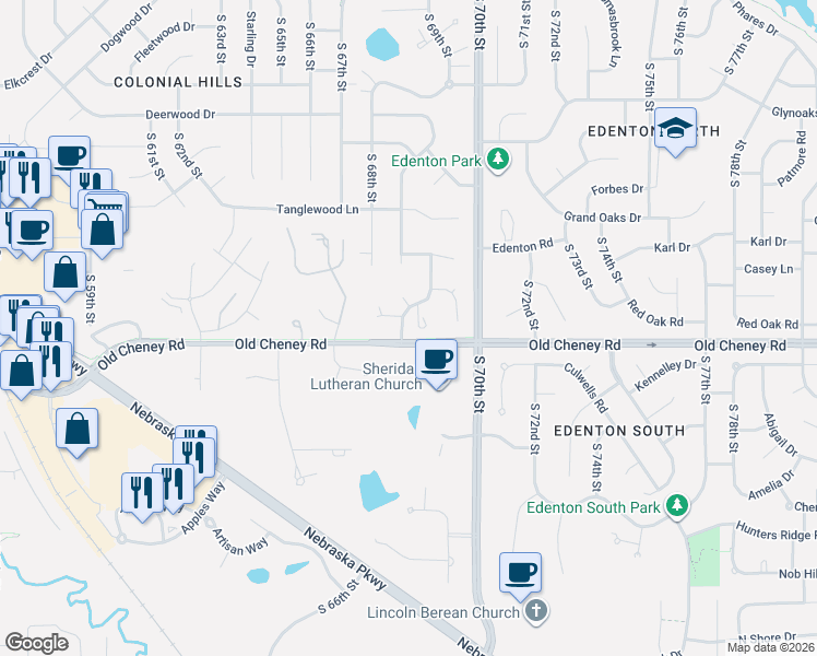 map of restaurants, bars, coffee shops, grocery stores, and more near 6955 Old Cheney Road in Lincoln