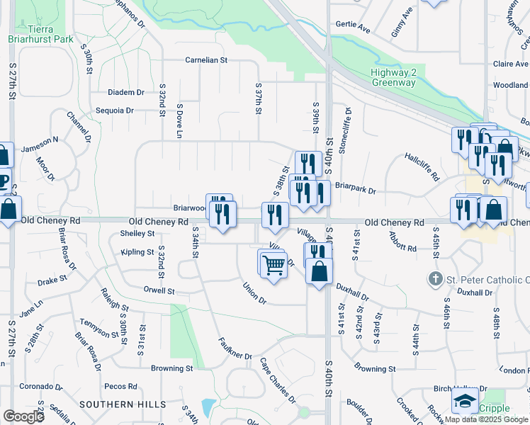 map of restaurants, bars, coffee shops, grocery stores, and more near 5700 Village Boulevard in Lincoln