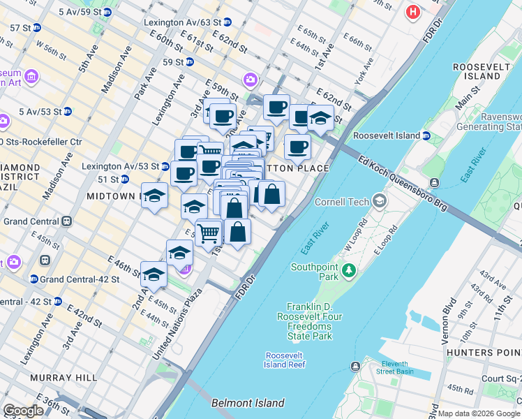 map of restaurants, bars, coffee shops, grocery stores, and more near 436 East 53rd Street in New York