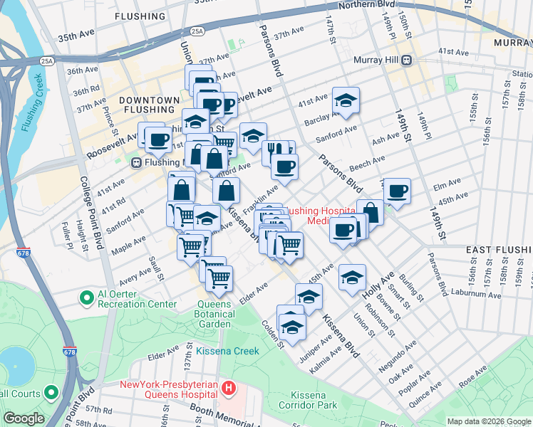 map of restaurants, bars, coffee shops, grocery stores, and more near 140-37 Ash Avenue in Queens