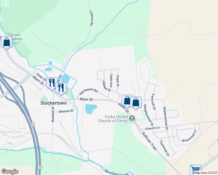 map of restaurants, bars, coffee shops, grocery stores, and more near 309 Jubilee Drive in Easton
