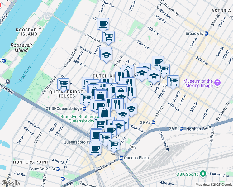 map of restaurants, bars, coffee shops, grocery stores, and more near 38-33 24th Street in Queens