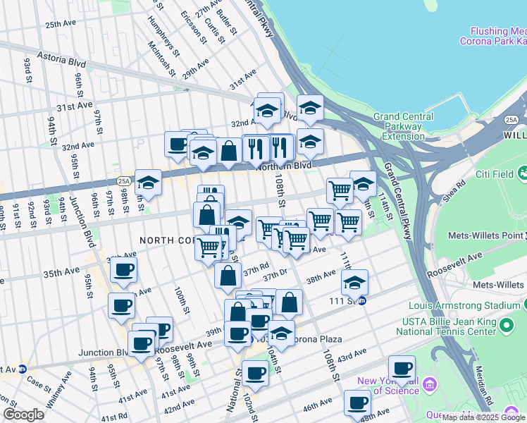 map of restaurants, bars, coffee shops, grocery stores, and more near 34-12 107th Street in Queens