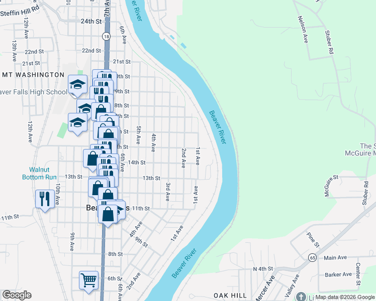 map of restaurants, bars, coffee shops, grocery stores, and more near 1403 2nd Avenue in Beaver Falls