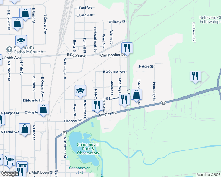 map of restaurants, bars, coffee shops, grocery stores, and more near 1104 Adams Street in Lima