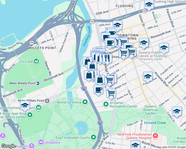 map of restaurants, bars, coffee shops, grocery stores, and more near 41-2 Delong Street in Queens