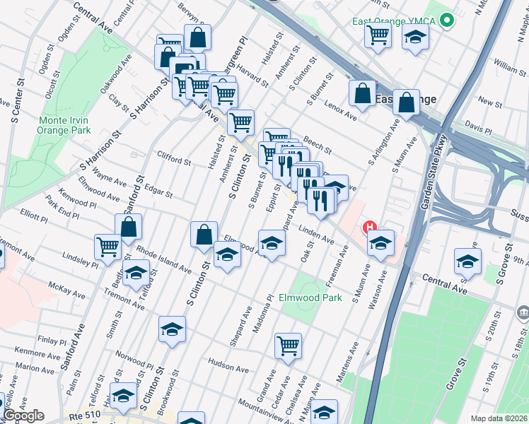 map of restaurants, bars, coffee shops, grocery stores, and more near 49 Eppirt Street in East Orange