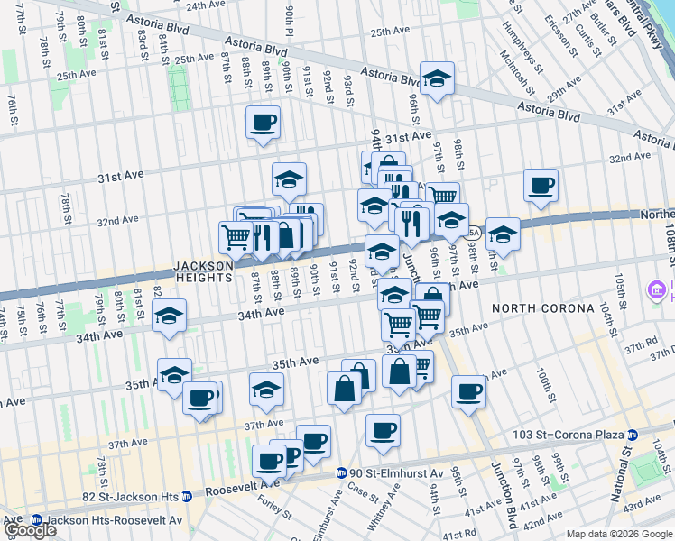 map of restaurants, bars, coffee shops, grocery stores, and more near 33-27 91st Street in Queens