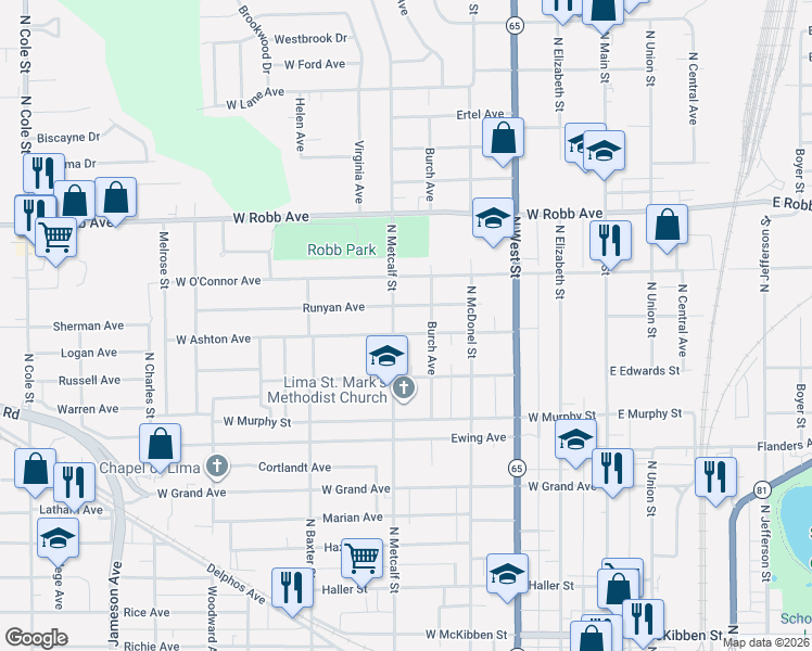 map of restaurants, bars, coffee shops, grocery stores, and more near 1025 Burch Avenue in Lima