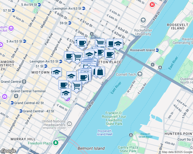 map of restaurants, bars, coffee shops, grocery stores, and more near 420 East 54th Street in New York