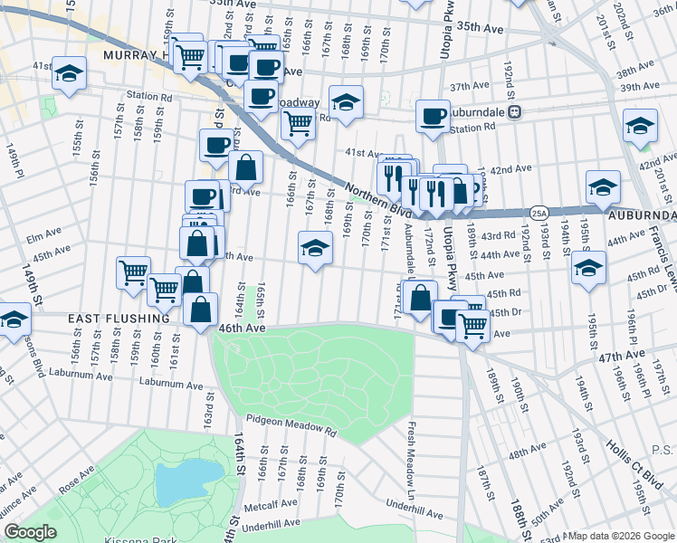 map of restaurants, bars, coffee shops, grocery stores, and more near 45-32 169th Street in Queens