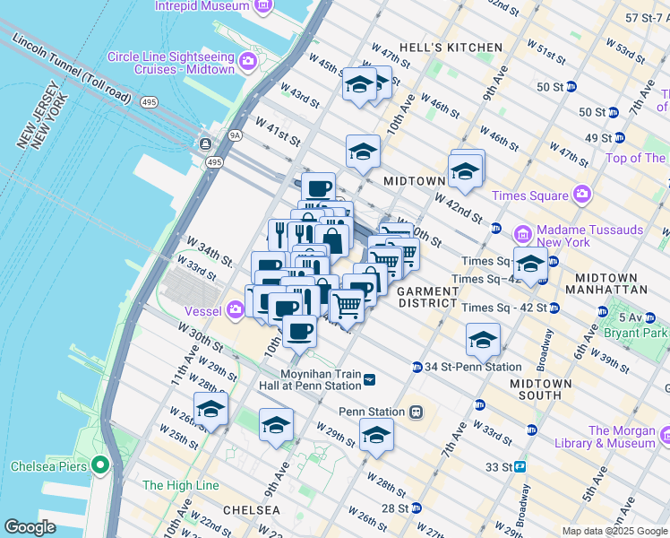 map of restaurants, bars, coffee shops, grocery stores, and more near in New York