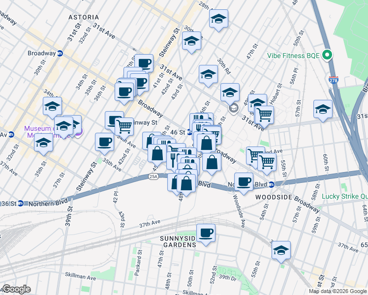 map of restaurants, bars, coffee shops, grocery stores, and more near 32-45 47th Street in Queens