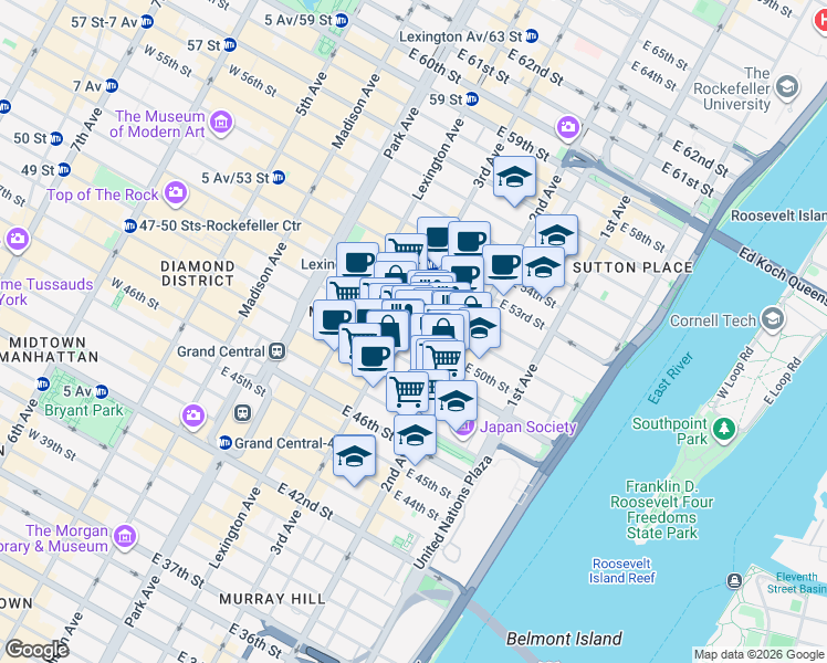 map of restaurants, bars, coffee shops, grocery stores, and more near 825 3rd Avenue in New York