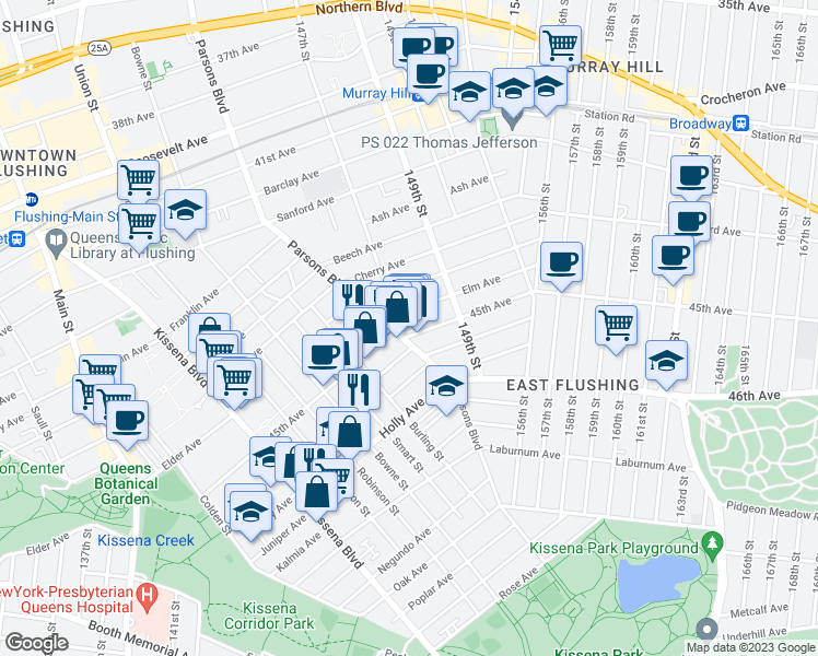 map of restaurants, bars, coffee shops, grocery stores, and more near 43-67 147th Street in Queens