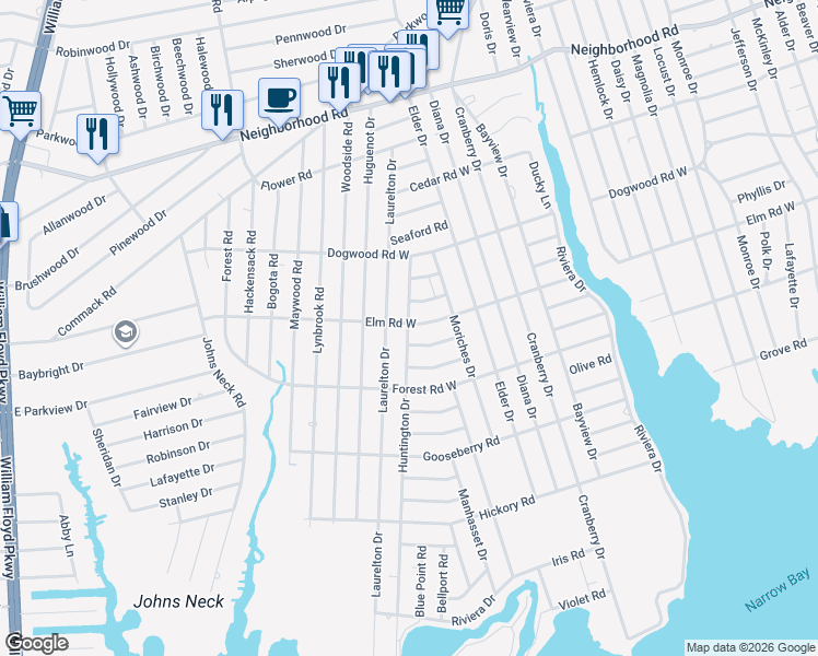 map of restaurants, bars, coffee shops, grocery stores, and more near 176 Huntington Drive in Mastic Beach