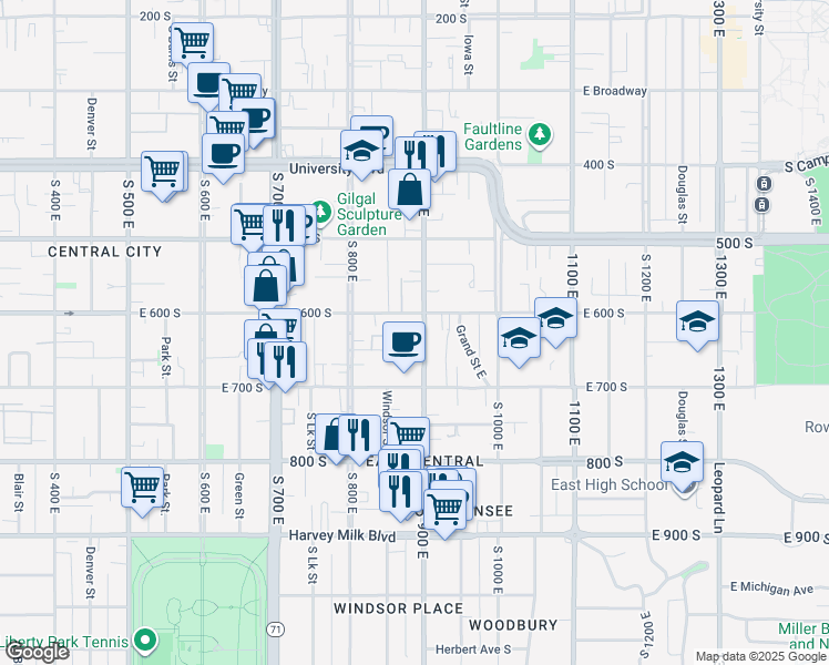 map of restaurants, bars, coffee shops, grocery stores, and more near 646 900 East in Salt Lake City