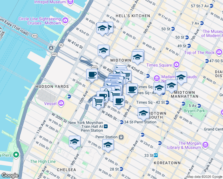 map of restaurants, bars, coffee shops, grocery stores, and more near 495 9th Avenue in New York