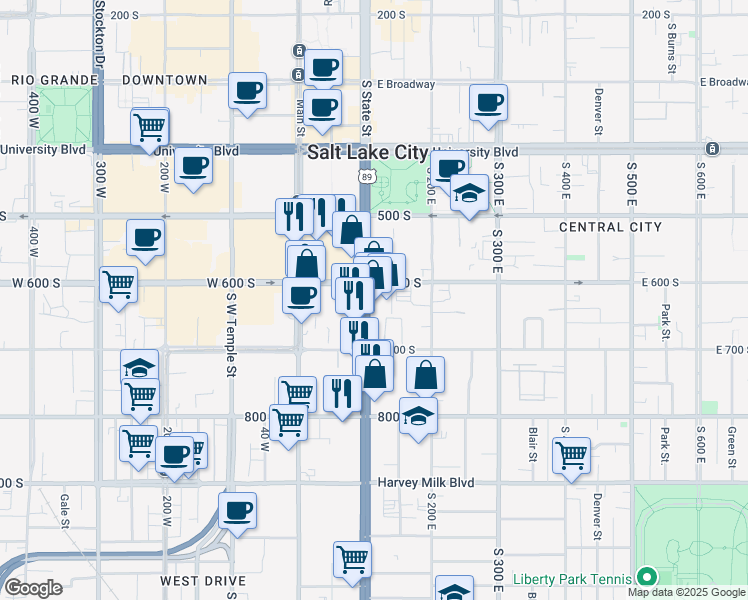map of restaurants, bars, coffee shops, grocery stores, and more near 649 State Street in Salt Lake City
