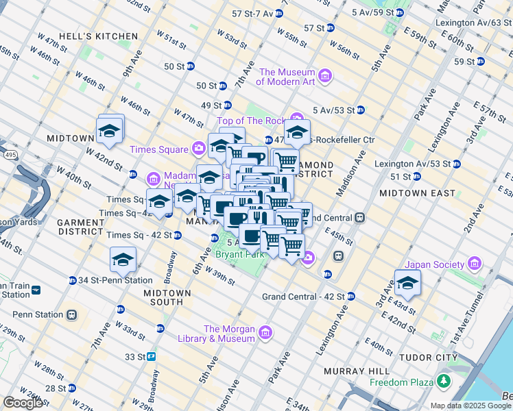 map of restaurants, bars, coffee shops, grocery stores, and more near in New York