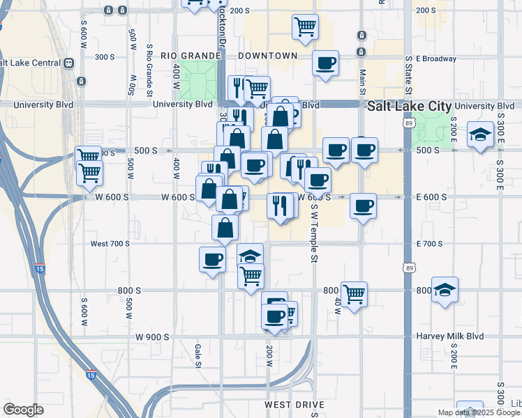 map of restaurants, bars, coffee shops, grocery stores, and more near 214 West 600 South in Salt Lake City