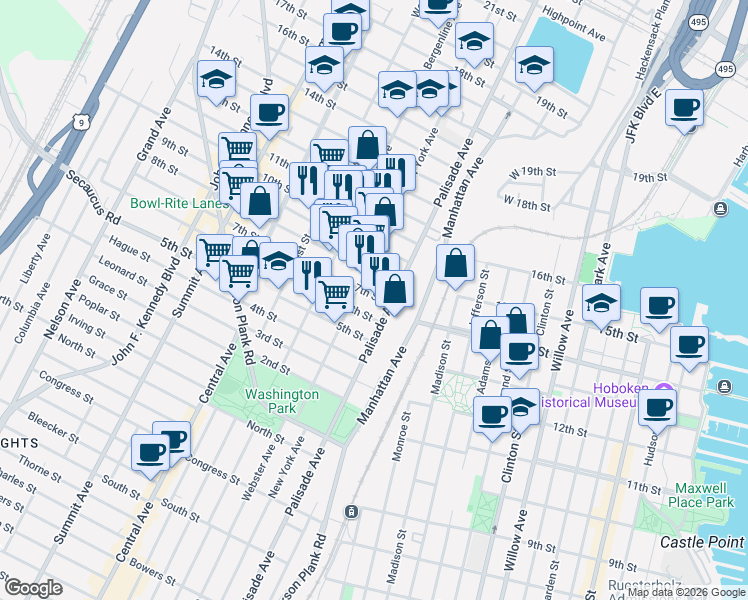 map of restaurants, bars, coffee shops, grocery stores, and more near 308 8th Street in Union City