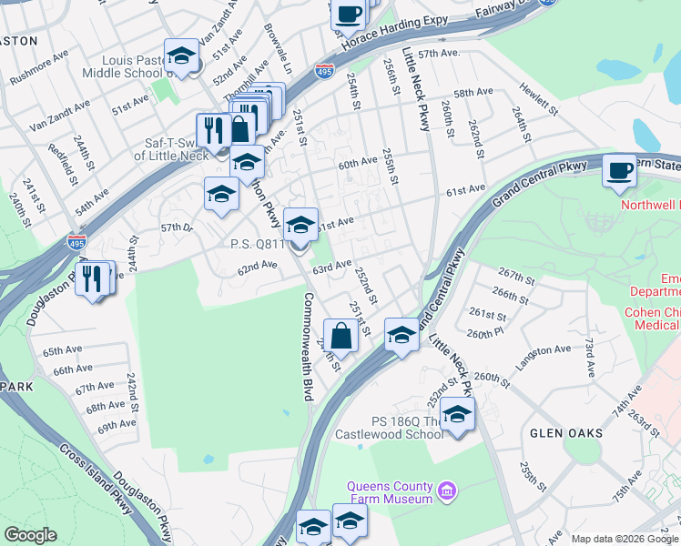 map of restaurants, bars, coffee shops, grocery stores, and more near 25201 63rd Avenue in Queens