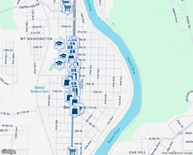 map of restaurants, bars, coffee shops, grocery stores, and more near 1511 4th Avenue in Beaver Falls