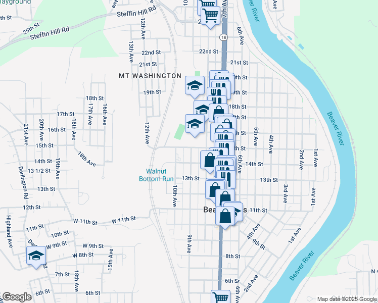 map of restaurants, bars, coffee shops, grocery stores, and more near 805 15th Street in Beaver Falls