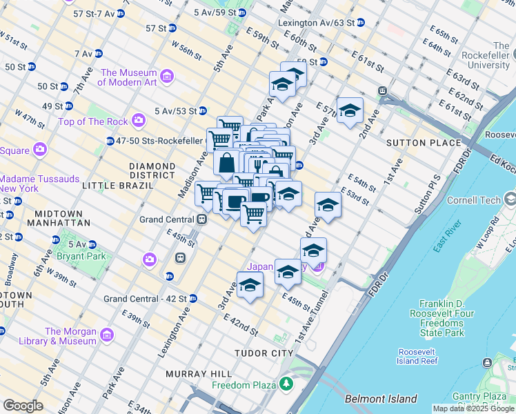 map of restaurants, bars, coffee shops, grocery stores, and more near 149 East 49th Street in New York