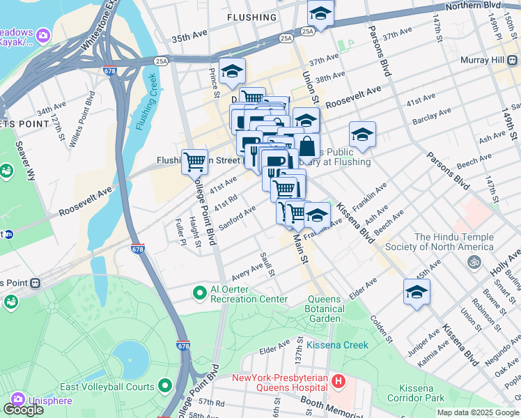map of restaurants, bars, coffee shops, grocery stores, and more near 133-12 Sanford Avenue in Queens