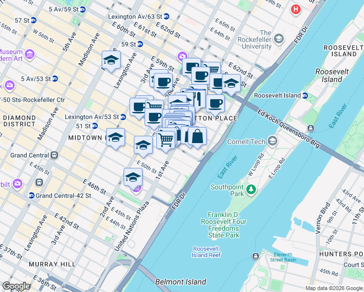 map of restaurants, bars, coffee shops, grocery stores, and more near 411 East 53rd Street in New York