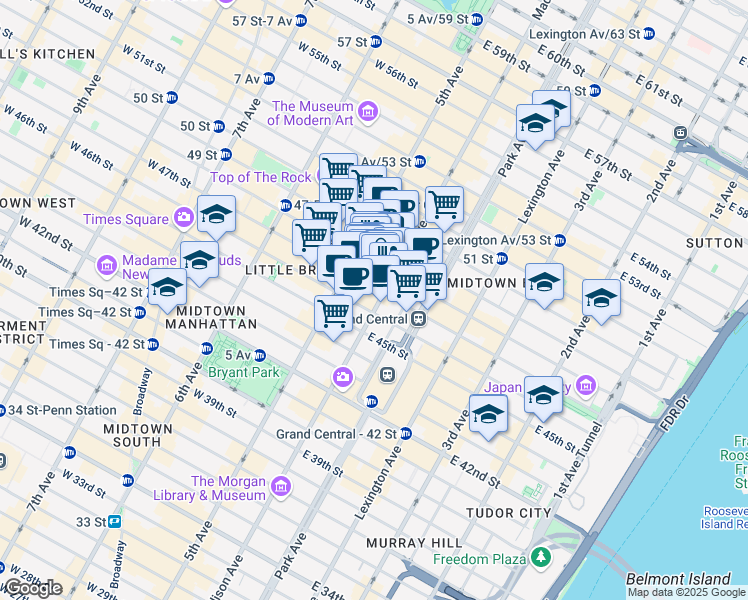 map of restaurants, bars, coffee shops, grocery stores, and more near 390 Madison Avenue in New York