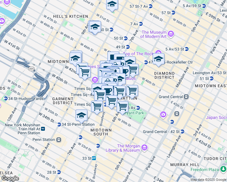 map of restaurants, bars, coffee shops, grocery stores, and more near 151 West 42nd Street in New York