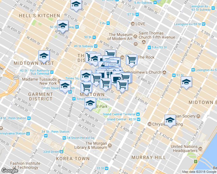 map of restaurants, bars, coffee shops, grocery stores, and more near 37 West 44th Street in New York