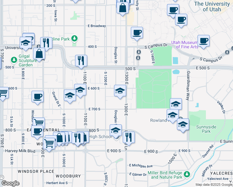 map of restaurants, bars, coffee shops, grocery stores, and more near 1243 South Colonial Place in Salt Lake City