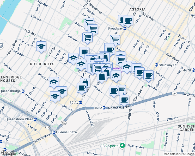map of restaurants, bars, coffee shops, grocery stores, and more near 36-09 30th Street in Queens