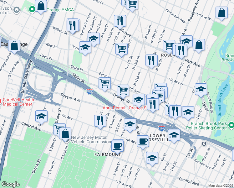 map of restaurants, bars, coffee shops, grocery stores, and more near 10 Hedden Place in East Orange