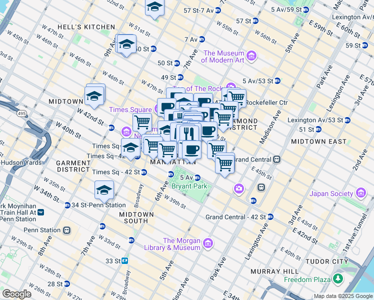 map of restaurants, bars, coffee shops, grocery stores, and more near 1120 6th Avenue in New York