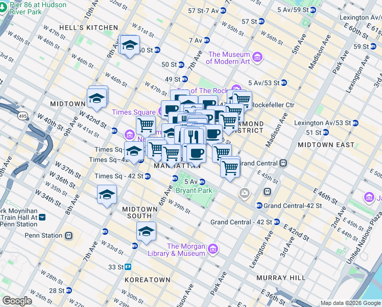 map of restaurants, bars, coffee shops, grocery stores, and more near 1120 6th Avenue in New York