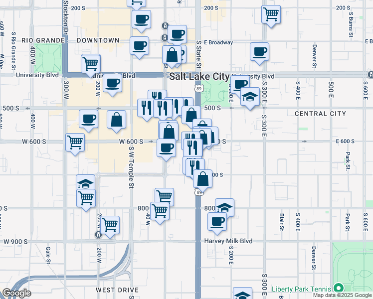 map of restaurants, bars, coffee shops, grocery stores, and more near 90 East 600 South in Salt Lake City