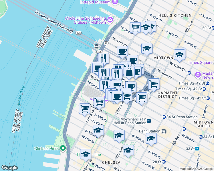 map of restaurants, bars, coffee shops, grocery stores, and more near 11th Avenue in New York