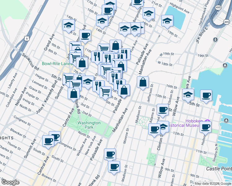 map of restaurants, bars, coffee shops, grocery stores, and more near 703 New York Avenue in Union City