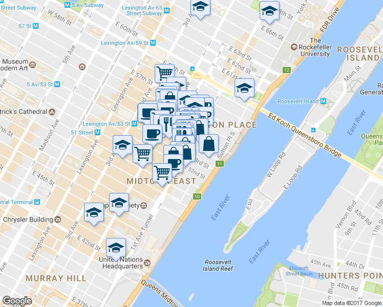 map of restaurants, bars, coffee shops, grocery stores, and more near 966 1st Avenue in New York