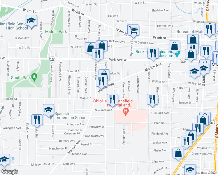 map of restaurants, bars, coffee shops, grocery stores, and more near 259 Marion Avenue in Mansfield