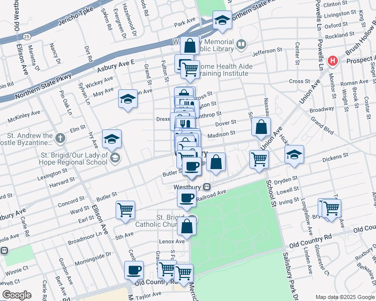 map of restaurants, bars, coffee shops, grocery stores, and more near Post Avenue & Maple Avenue in Westbury