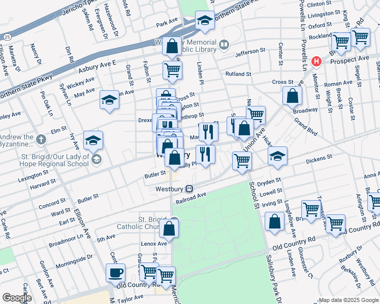 map of restaurants, bars, coffee shops, grocery stores, and more near 355 Maple Avenue in Westbury